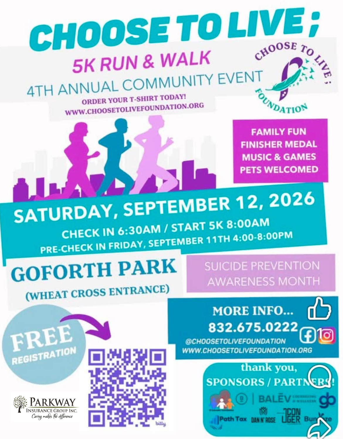 Choose to Live 5K Run & Walk flyer sponsored by Parkway Insurance Group